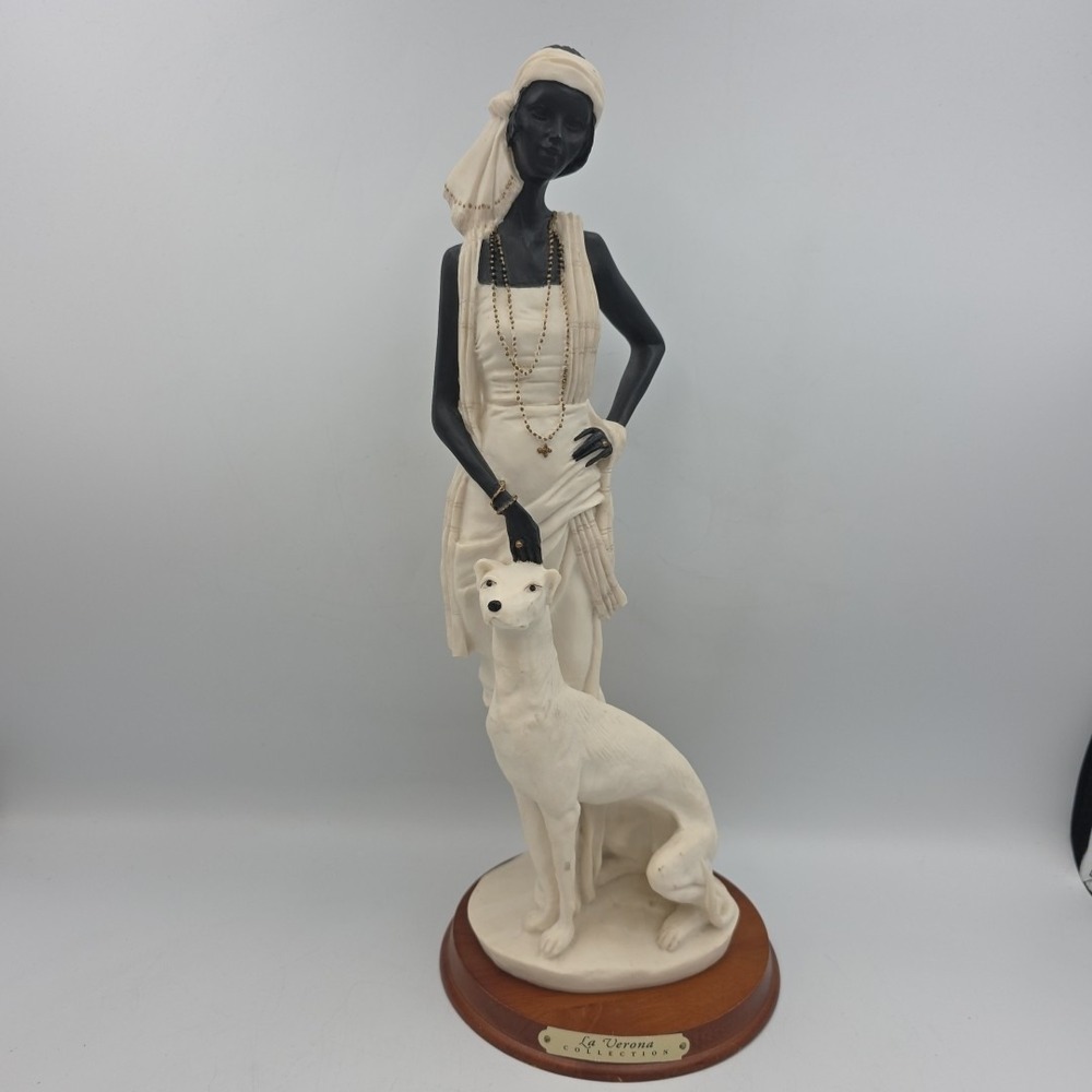 La Verona African American Lady & Dog Art Deco Elegant Sculpture Vintage 15"